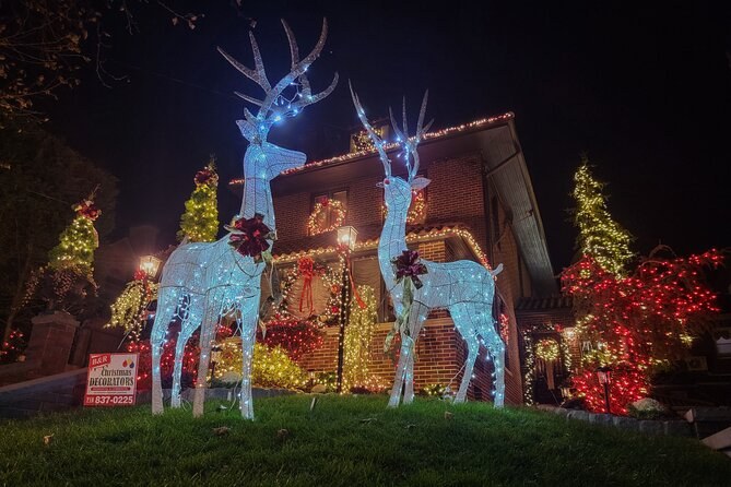 A pair of wire-frame reindeer lit white on a front lawn, with a decorated house behind them