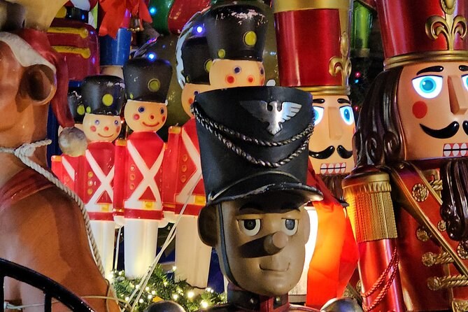 Painted toy soldiers and nutcrackers crowded shoulder to shoulder on a decorated porch